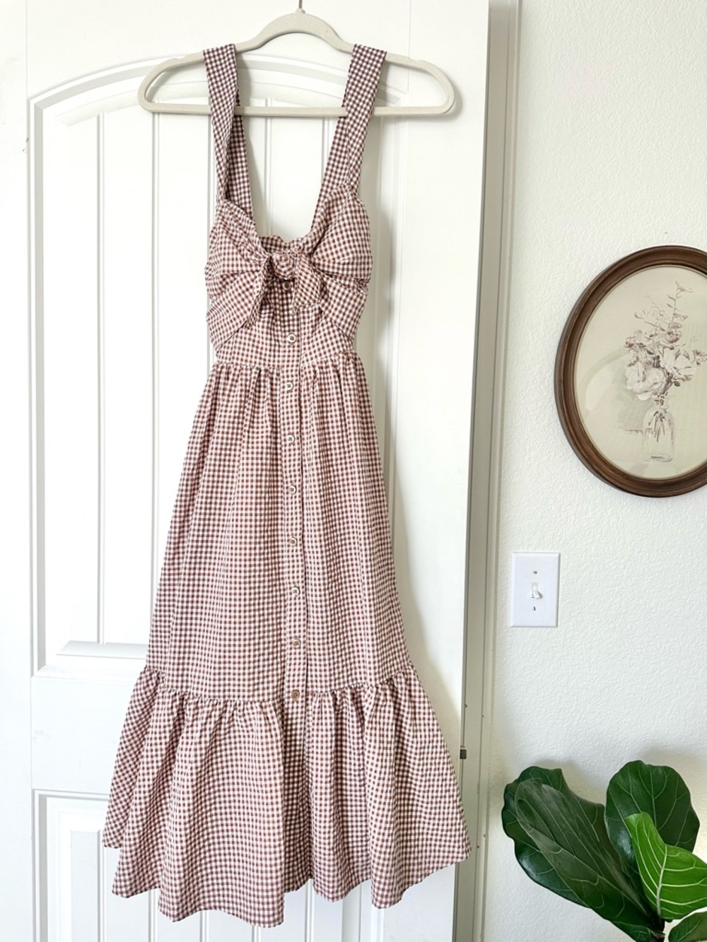 Maeve Brown & White Gingham Midi Dress with Front Tie